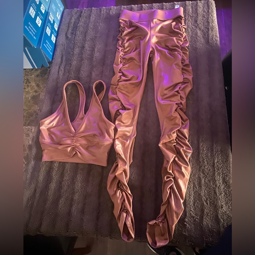 ALO Yoga Rose Gold Ruched Leggings & Sports Bra Set